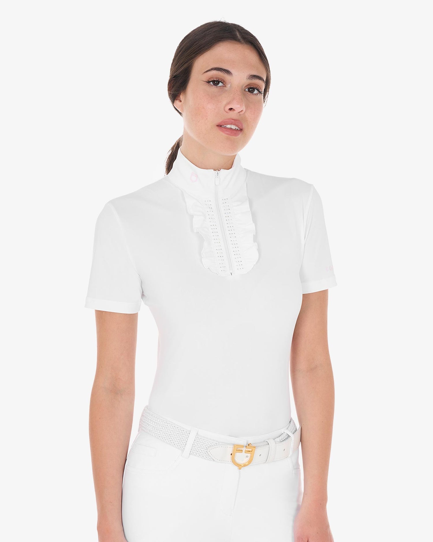 Equestro Women's Slim Fit Competition Polo Shirt With Ruffles And Rhinestones #colour_white-pink