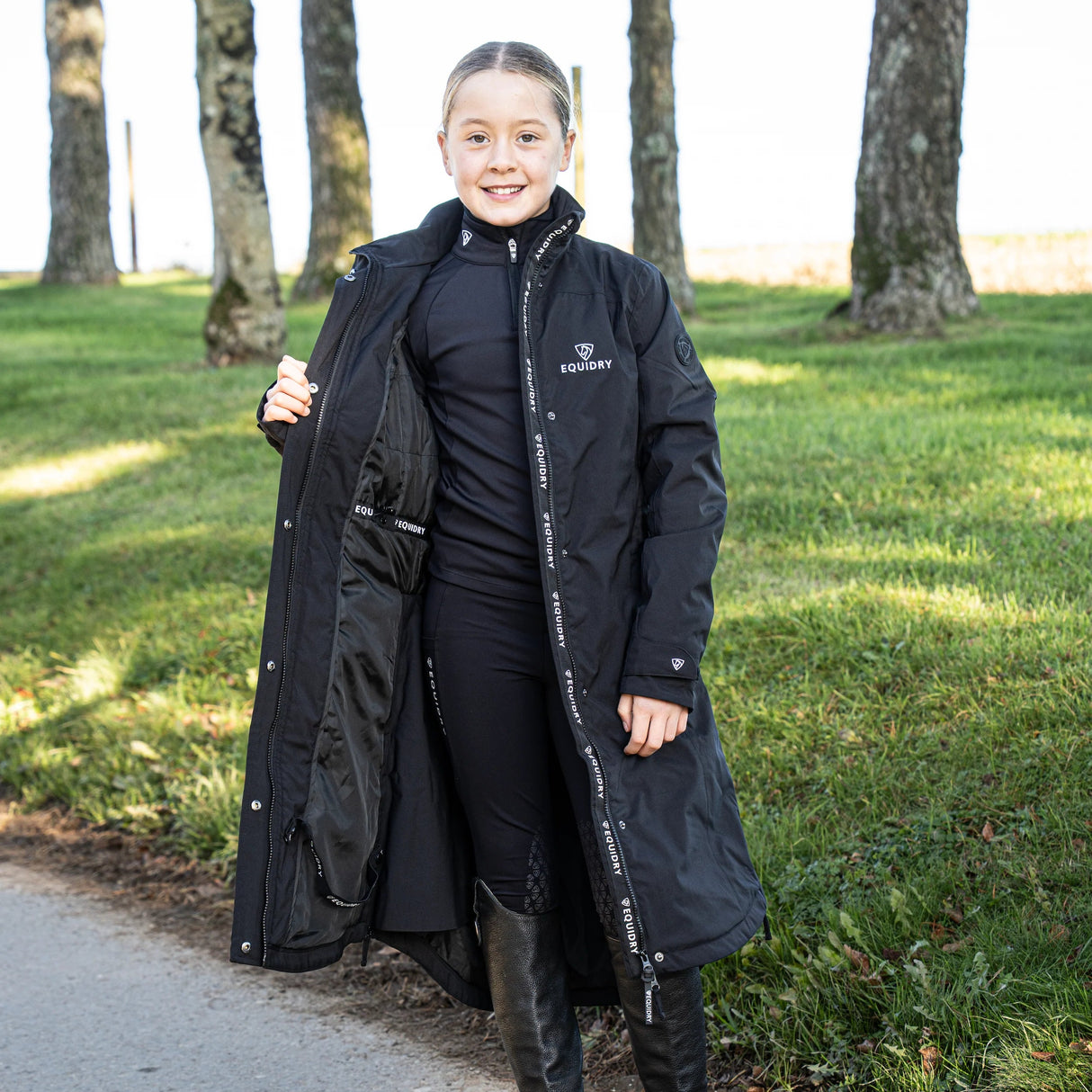 EQUIDRY Girl's Bronte Riding Coat with Removable Hood #colour_black