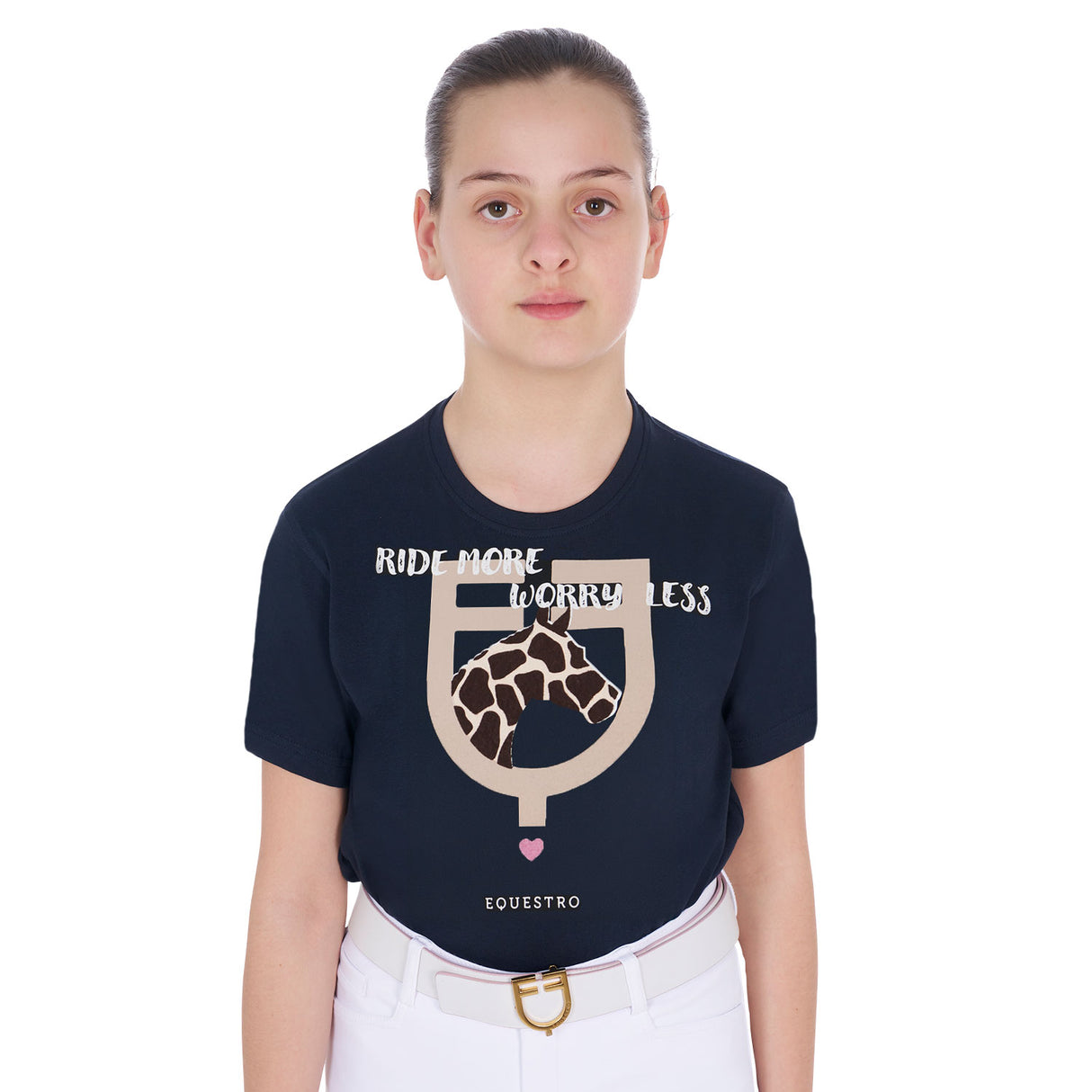 Equestro Girls' Ride More Worry Less Cotton T-Shirt #colour_blue