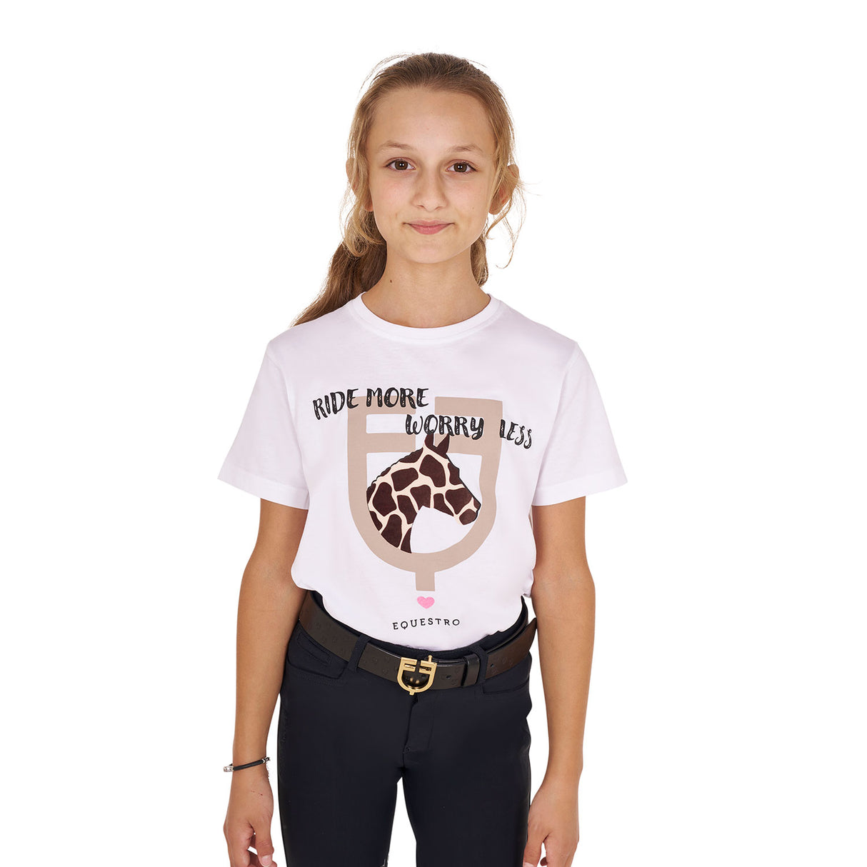Equestro Girls' Ride More Worry Less Cotton T-Shirt #colour_white