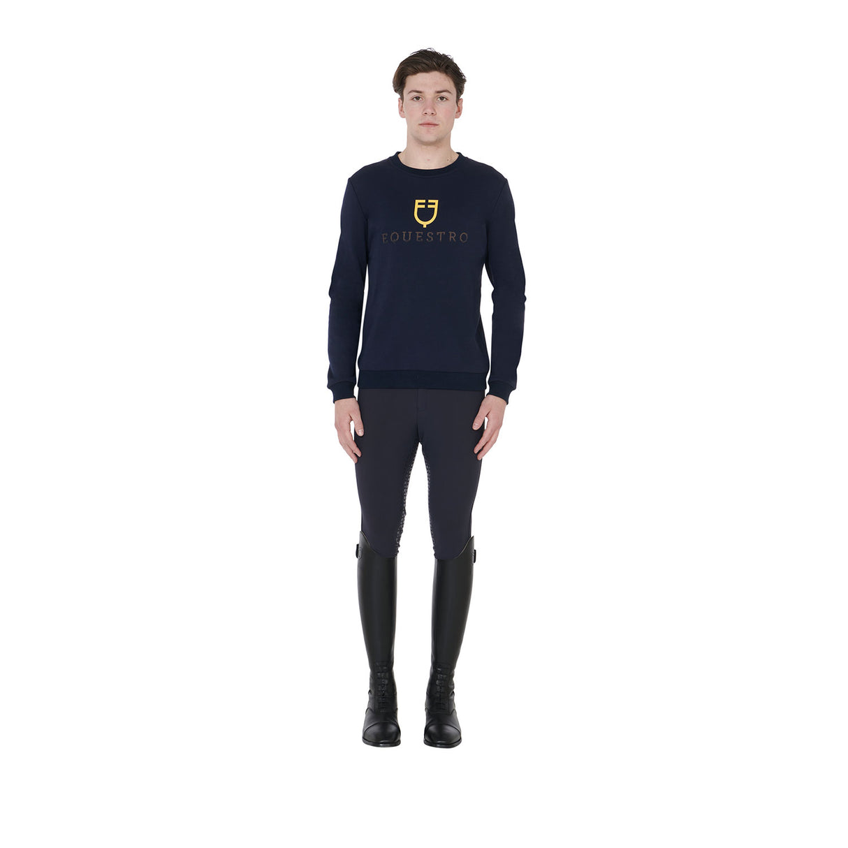 Equestro Men's Cotton Crewneck Sweatshirt With Logo On The Chest #colour_blue