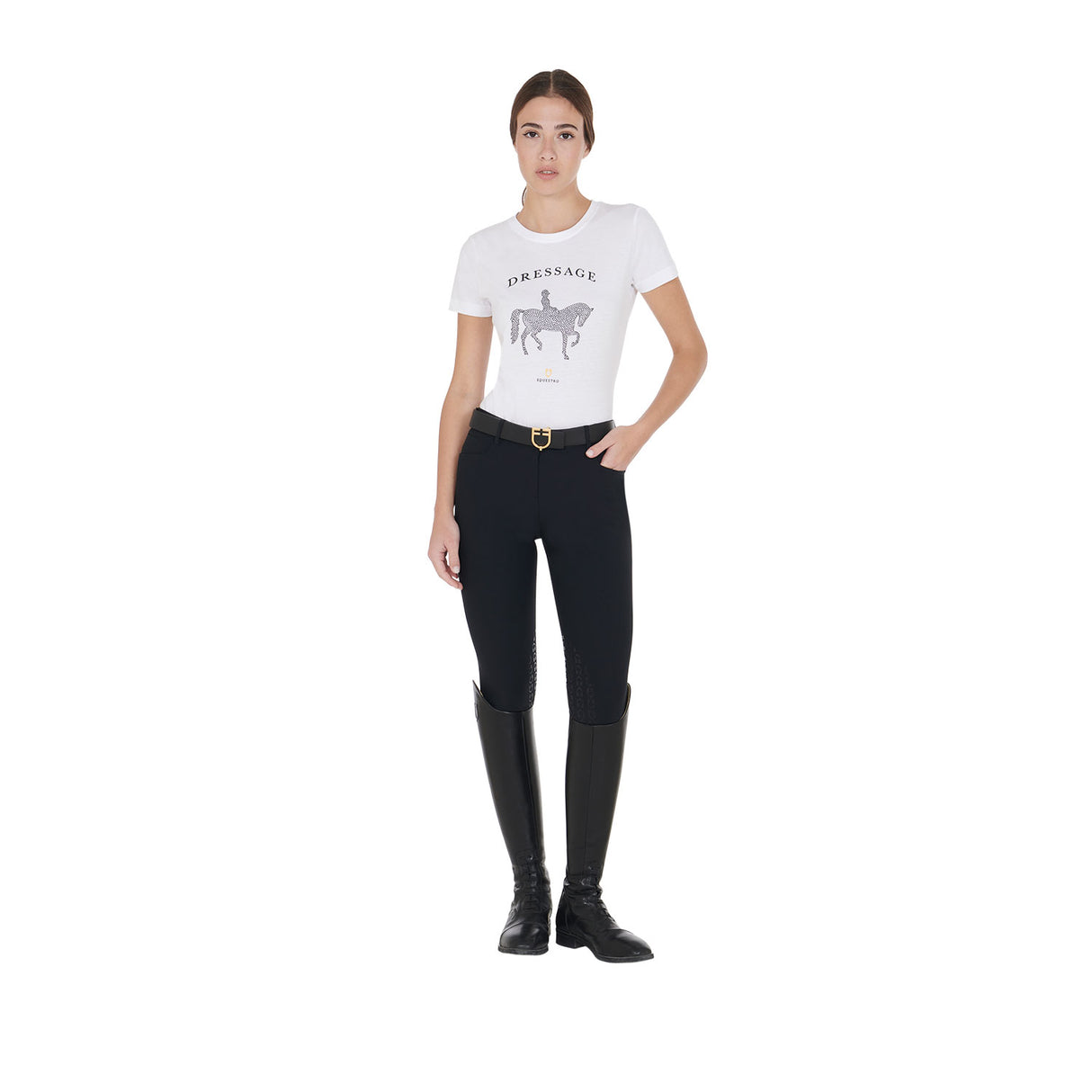 Equestro Women's Slim Fit T-Shirt Dressage With Rhinestone #colour_white