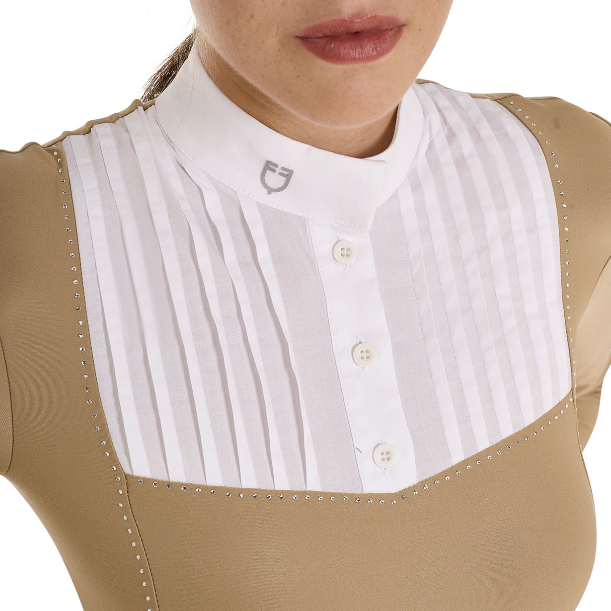 Equestro Women's Slim Fit Competition Polo Shirt Rhinestones #colour_beige