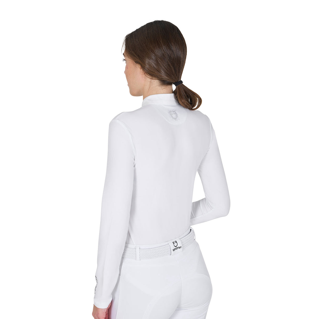 Equestro Women's Slim Fit Competition Polo Shirt Rhinestones #colour_white