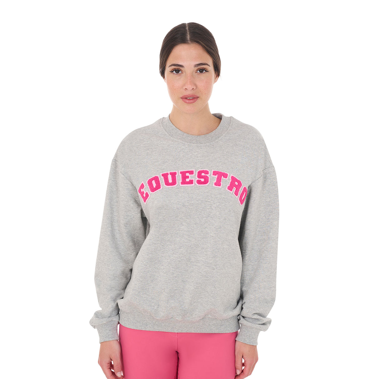 Equestro Women's Crewneck Sweatshirt With Sponge Lettering #colour_grey-fucsia