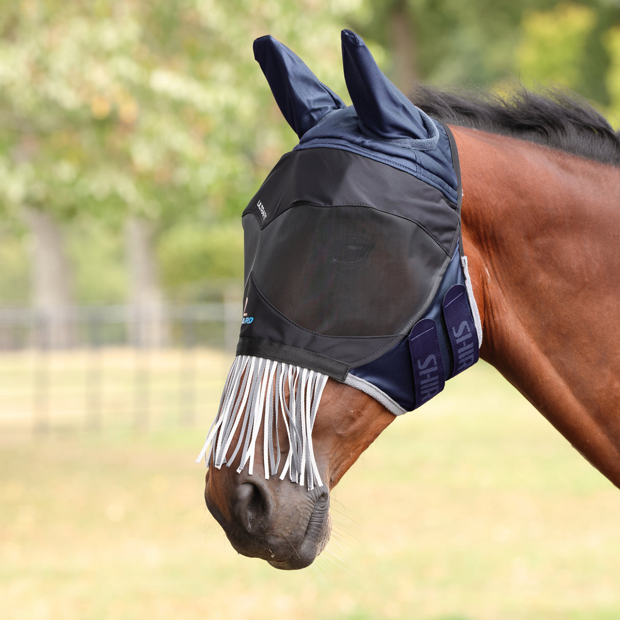 Shires FlyGuard Pro Deluxe Fly Mask With Ears & Nose Fringe #colour_navy