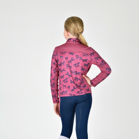 Dublin Kids Autumn Sally Long Sleeve Riding Top #colour_red-violet-frolicking-horses