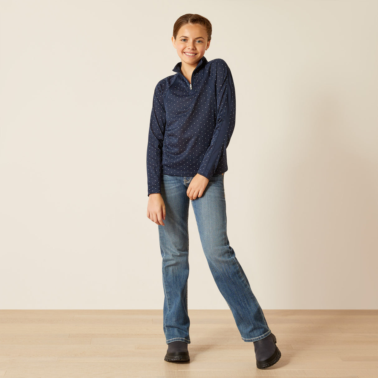 Ariat Youth Sunstopper 3.0 1/4 Zip Baselayer #colour_navy-dot