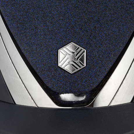 Charles Owen Hyda Sparkly riding hat in Navy Gloss/Chrome, close-up of the sparkly top, chrome trim and crown badge